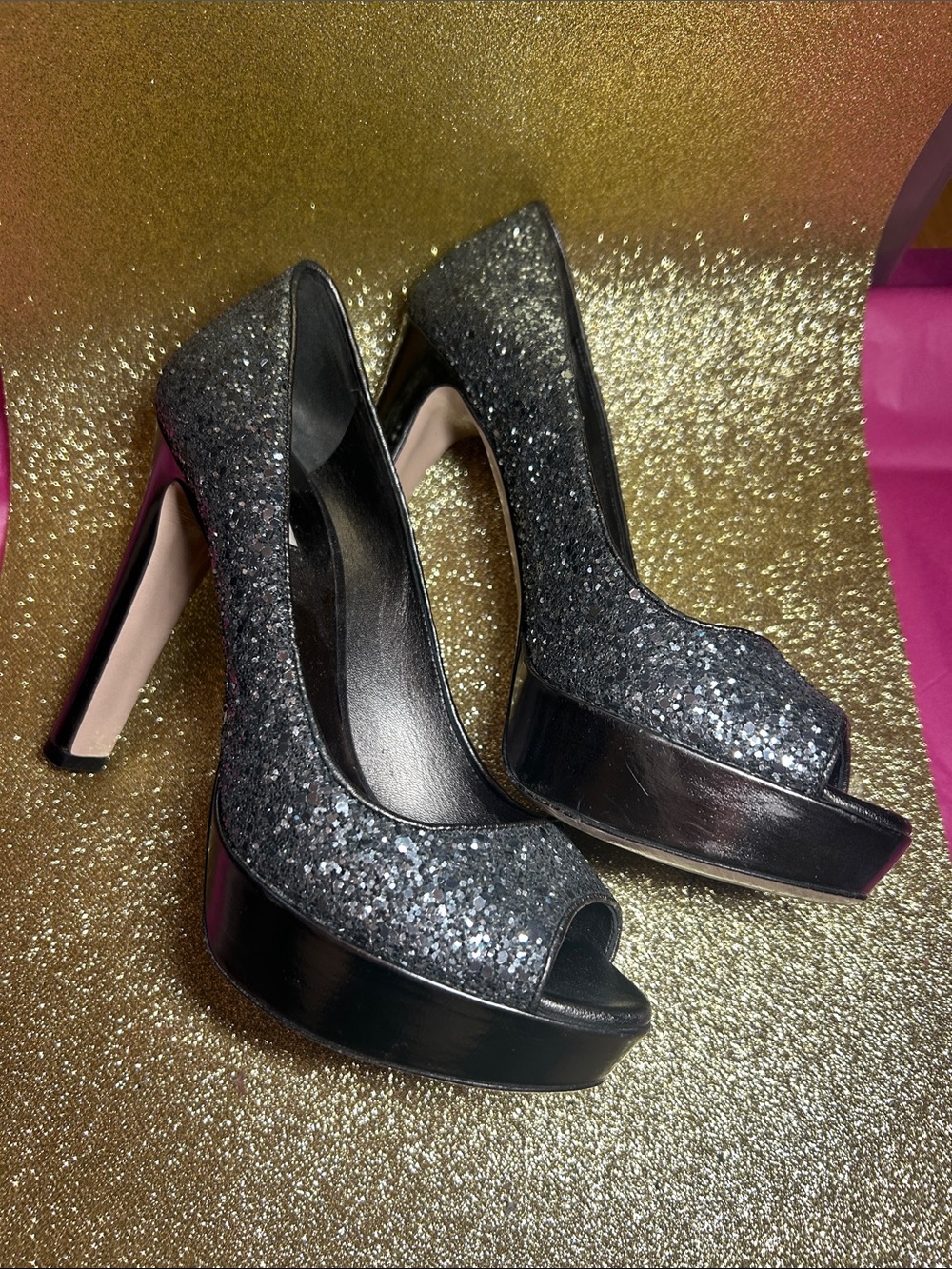 Miu Miu Black Glitter Peep-Toe Platform Pumps very good conditions